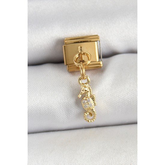 316L Çelik Sallantılı Zirkon Taşlı Çiçek Model Gold Renk Nomination Charm