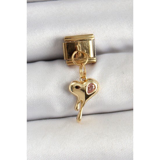 316L Çelik Sallantılı Zirkon Taşlı Eriyen Kalp Model Gold Renk Nomination Charm
