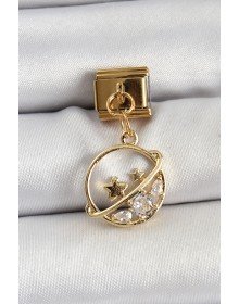 316L Çelik Sallantılı Zirkon Taşlı Satürn Model Gold Renk Nomination Charm