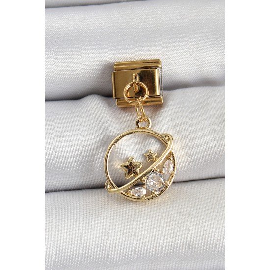 316L Çelik Sallantılı Zirkon Taşlı Satürn Model Gold Renk Nomination Charm
