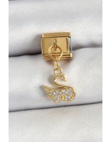 316L Çelik Sallantılı Zirkon Taşlı KuğuModel Gold Renk Nomination Charm