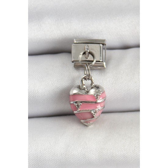 316L Çelik Gümüş Renk Pembe Kalp Model Nomination Charm