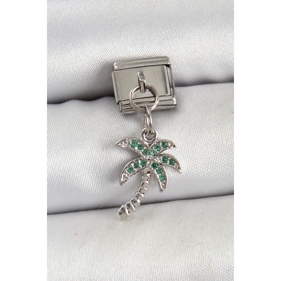 316L Çelik Sallantılı Zirkon Taşlı Palmiye Ağacı Model Gümüş Renk Nomination Charm