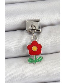 316L Çelik Sallantılı Kırmızı Papatya Model Gümüş Renk Nomination Charm