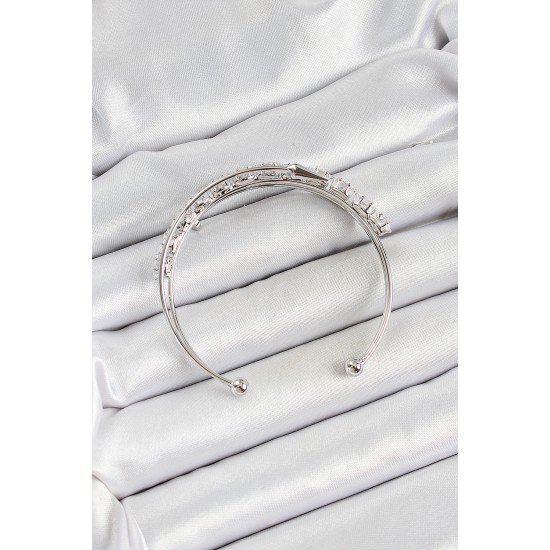 Pirinç Gümüş Renk Arpa Zirkon Taşlı Kadın Bileklik Pirinç Gümüş Renk Arpa Zirkon Taşlı Kadın Bileklik