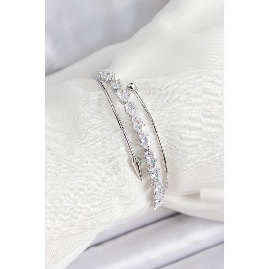 Pirinç Gümüş Renk Arpa Zirkon Taşlı Kadın Bileklik Pirinç Gümüş Renk Arpa Zirkon Taşlı Kadın Bileklik