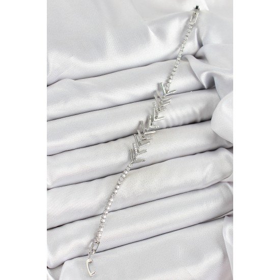 Pirinç Gümüş Renk Zirkon Taşlı Balık Sırtı Kadın Bileklik