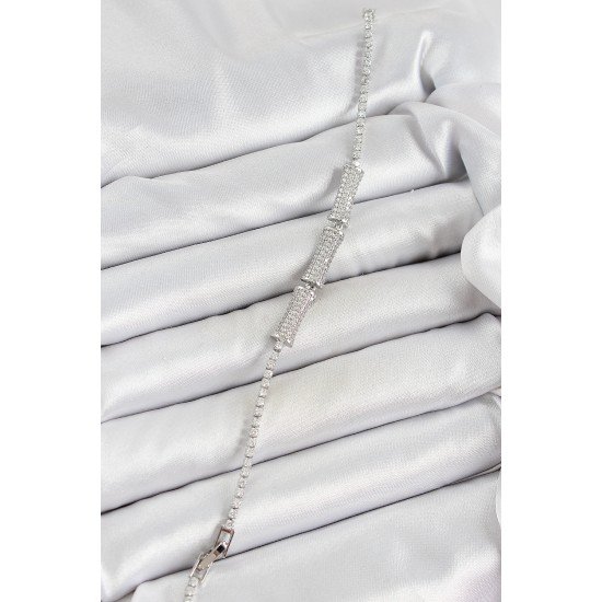 Pirinç Gümüş Renk Zirkon Taşlı Kemik Model Kadın Bileklik