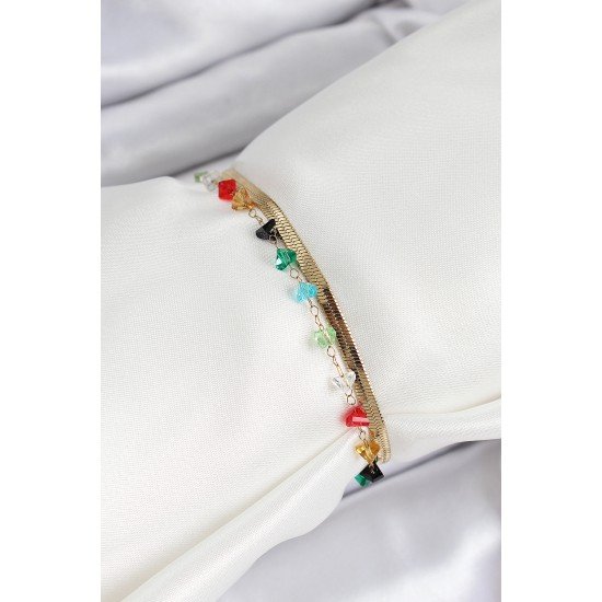 316L Çelik Gold Renk Kristal Karışık Renkli Taşlı 2'li Kadın Bileklik