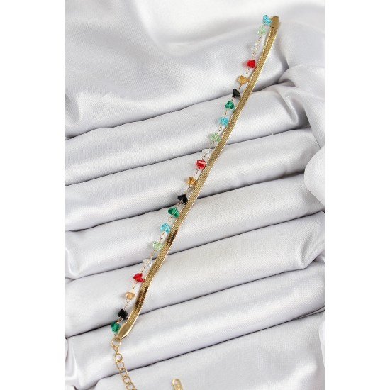 316L Çelik Gold Renk Kristal Karışık Renkli Taşlı 2'li Kadın Bileklik