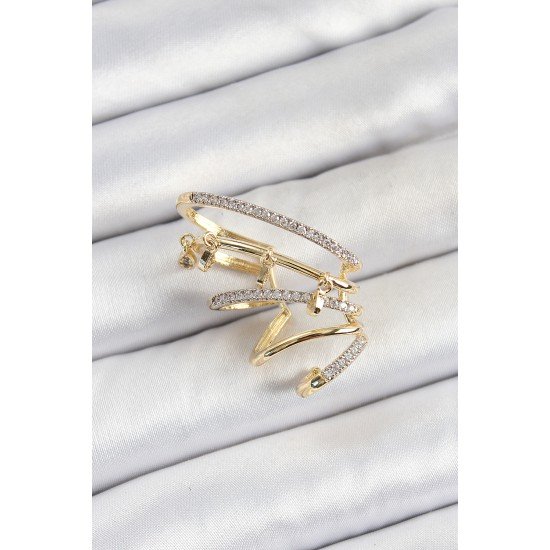Pirinç Zirkon Taşlı Sıkıştırma Sağ Kıkırdak Gold Renk Kadın Küpe