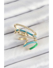 Pirinç Zirkon Taşlı Mavi Yeşil Sıkıştırma Sağ Kıkırdak Gold Renk Kadın Küpe