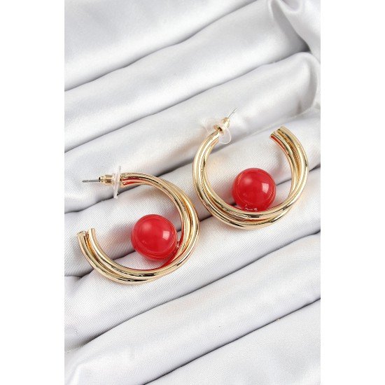 Pirinç Gold Renk Halka Model Kırmızı Boncuk Detay Kadın Küpe Pirinç Gold Renk Halka Model Kırmızı Boncuk Detay Kadın Küpe