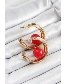 Pirinç Gold Renk Halka Model Kırmızı Boncuk Detay Kadın Küpe
