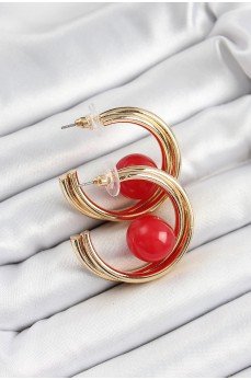 Pirinç Gold Renk Halka Model Kırmızı Boncuk Detay Kadın Küpe