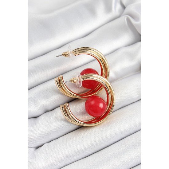 Pirinç Gold Renk Halka Model Kırmızı Boncuk Detay Kadın Küpe Pirinç Gold Renk Halka Model Kırmızı Boncuk Detay Kadın Küpe