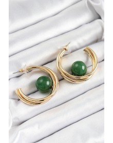 Pirinç Gold Renk Halka Model Yeşil Boncuk Detay Kadın Küpe