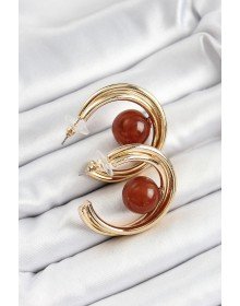 Pirinç Gold Renk Halka Model Kahverengi Boncuk Detay Kadın Küpe