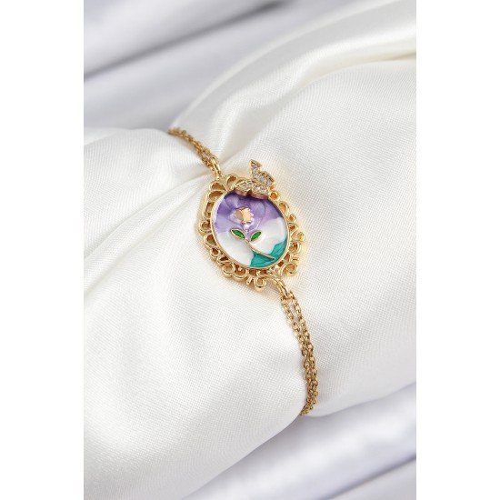 316L Çelik Zincir Mineli Sanatsal Portre Zirkon Taşlı Kelebek Detaylı Çiçek Model Gold Renk Kadın Bileklik