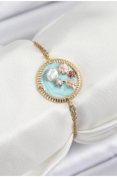 316L Çelik Zincir Turkuaz Mineli Sanatsal Portre İnci Detaylı Çiçek Model Gold Renk Kadın Bileklik