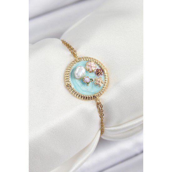 316L Çelik Zincir Turkuaz Mineli Sanatsal Portre İnci Detaylı Çiçek Model Gold Renk Kadın Bileklik 316L Çelik Zincir Turkuaz Mineli Sanatsal Portre İnci Detaylı Çiçek Model Gold Renk Kadın Bileklik