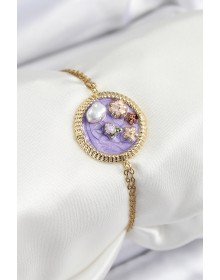 316L Çelik Zincir Mor Mineli Sanatsal Portre İnci Detaylı Çiçek Model Gold Renk Kadın Bileklik
