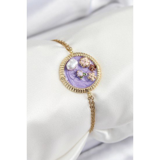316L Çelik Zincir Mor Mineli Sanatsal Portre İnci Detaylı Çiçek Model Gold Renk Kadın Bileklik 316L Çelik Zincir Mor Mineli Sanatsal Portre İnci Detaylı Çiçek Model Gold Renk Kadın Bileklik