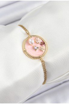 316L Çelik Zincir Pembe Mineli Sanatsal Portre İnci Detaylı Çiçek Model Gold Renk Kadın Bileklik