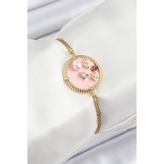 316L Çelik Zincir Pembe Mineli Sanatsal Portre İnci Detaylı Çiçek Model Gold Renk Kadın Bileklik