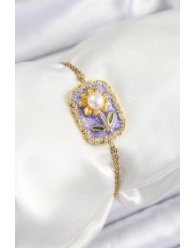 316L Çelik Zincir Mor Mineli Sanatsal Portre İnci Detaylı Papatya Model Gold Renk Kadın Bileklik