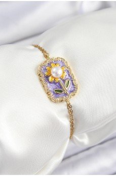 316L Çelik Zincir Mor Mineli Sanatsal Portre İnci Detaylı Papatya Model Gold Renk Kadın Bileklik