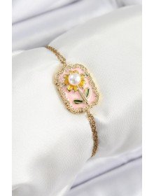 316L Çelik Zincir Pembe Mineli Sanatsal Portre İnci Detaylı Papatya Model Gold Renk Kadın Bileklik