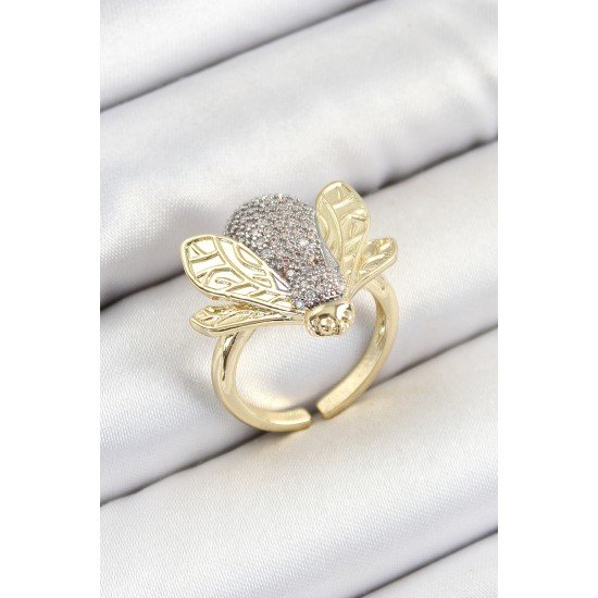 Pirinç Zirkon Taşlı Arı Model Gümüş Ve Gold Renk Kadın Yüzük