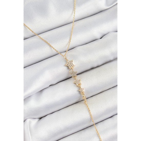 Pirinç Zirkon Taşlı Sıralı Yıldız Figürlü Y Model Gold Renk Kadın Kolye Pirinç Zirkon Taşlı Sıralı Yıldız Figürlü Y Model Gold Renk Kadın Kolye