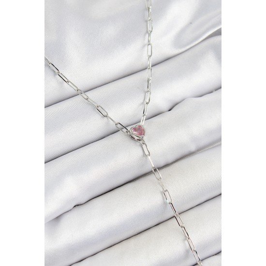 Pirinç Zirkon Taşlı Pembe Kalp Figürlü Y Model Gümüş Renk Kadın Kolye
