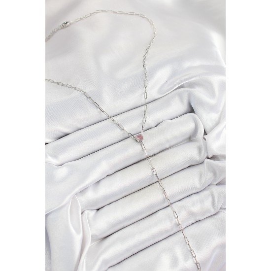 Pirinç Zirkon Taşlı Pembe Kalp Figürlü Y Model Gümüş Renk Kadın Kolye