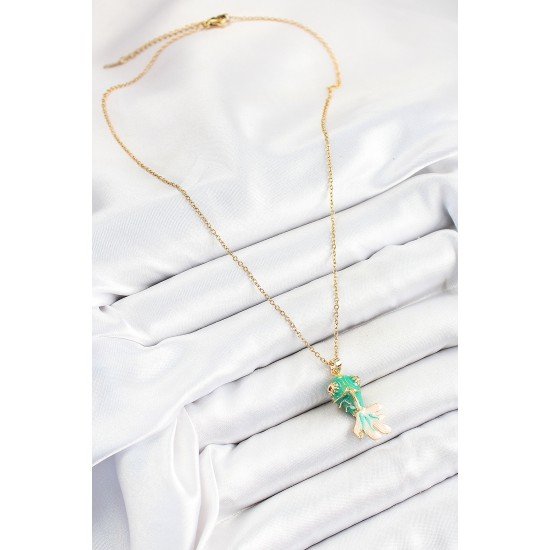 316L Çelik Zincir Yeşil Balık Model Gold Renk Kadın Kolye