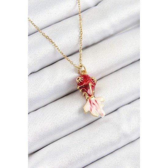 316L Çelik Zincir Kırmızı Balık Model Gold Renk Kadın Kolye
