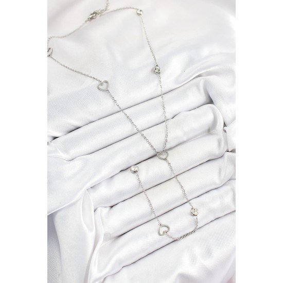 316L Çelik Zirkon Taşlı Kalp Figürlü Y Model Gümüş Renk Kadın Kolye