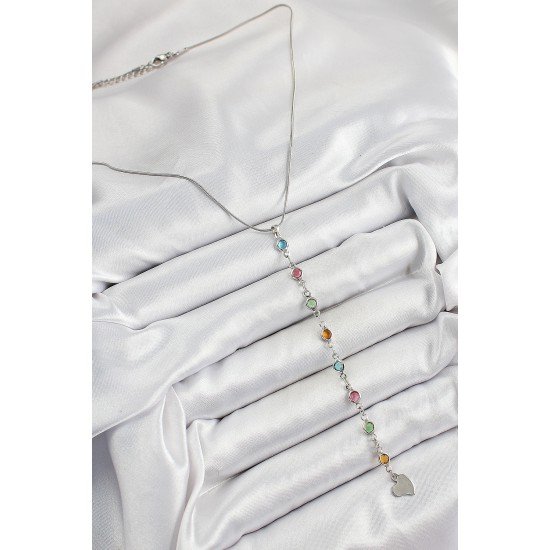 Pirinç Gümüş Renk Karışık Renk Zirkon Taşlı Y Kadın Kolye Pirinç Gümüş Renk Karışık Renk Zirkon Taşlı Y Kadın Kolye