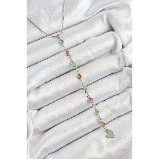 Pirinç Gümüş Renk Karışık Renk Zirkon Taşlı Y Kadın Kolye Pirinç Gümüş Renk Karışık Renk Zirkon Taşlı Y Kadın Kolye