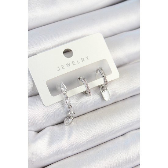 Pirinç Zirkon Taşlı Sallantılı Model Gümüş Renk 3'lü Çift Kadın Küpe Set