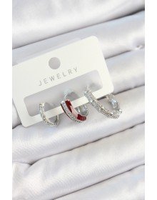 Pirinç Zirkon Taşlı Bordo Pembe Halka Model Gümüş Renk 3'lü Çift Kadın Küpe Set