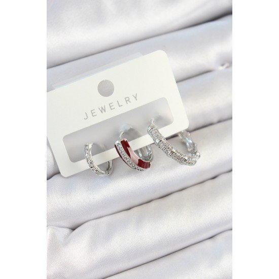 Pirinç Zirkon Taşlı Bordo Pembe Halka Model Gümüş Renk 3'lü Çift Kadın Küpe Set