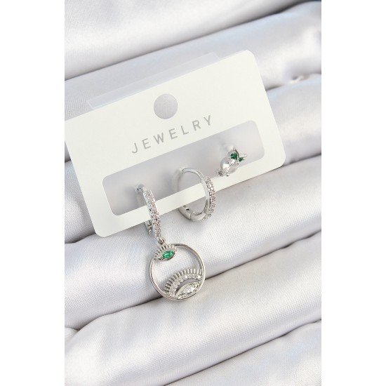 Pirinç Zirkon Taşlı Göz Ve Baykuş Model Gümüş Renk 3'lü Çift Kadın Küpe Set