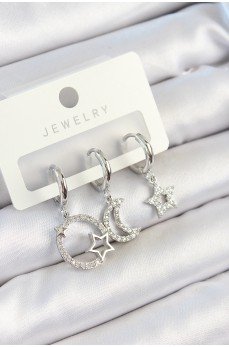 Pirinç Zirkon Taşlı Ay Ve Yıldız Model Gümüş Renk 3'lü Çift Kadın Küpe Set