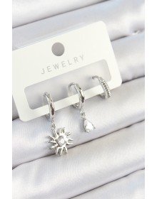 Pirinç Zirkon Taşlı Güneş Model Gümüş Renk 3'lü Çift Kadın Küpe Set