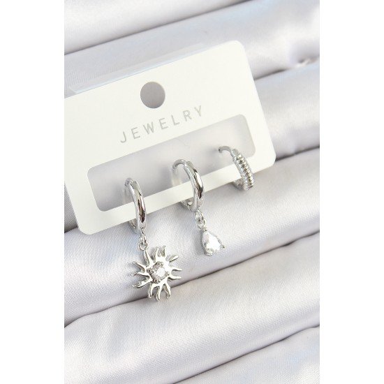 Pirinç Zirkon Taşlı Güneş Model Gümüş Renk 3'lü Çift Kadın Küpe Set