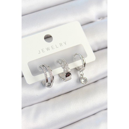 Pirinç Zirkon Taşlı Halka Model Gümüş Renk 3'lü Çift Kadın Küpe Set