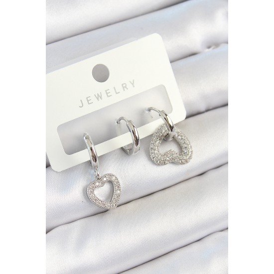 Pirinç Zirkon Taşlı Kalp Model Gümüş Renk 3'lü Çift Kadın Küpe Set